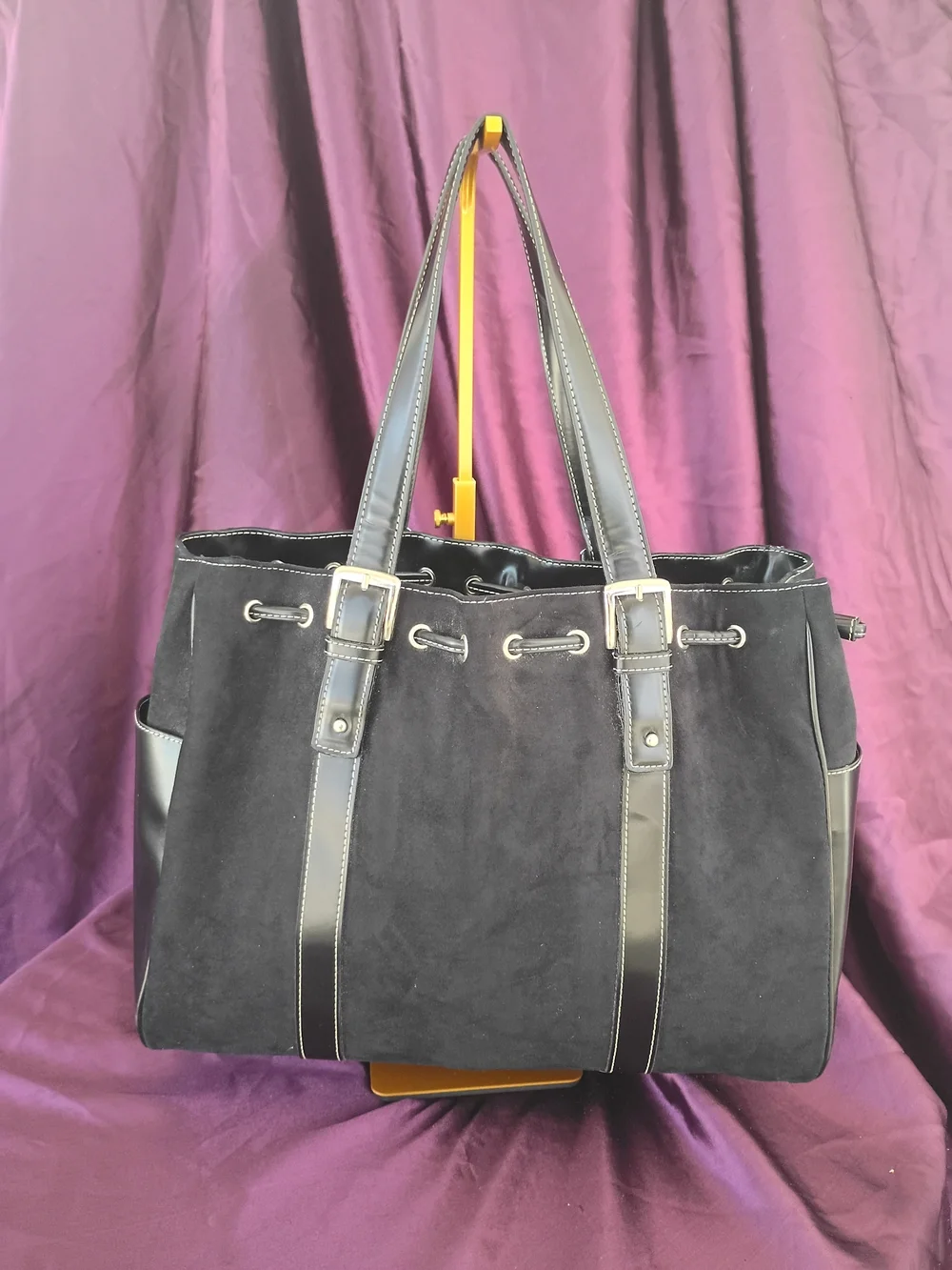 Ralph Lauren Black Suede Drawstring Tote with Leather Trim
